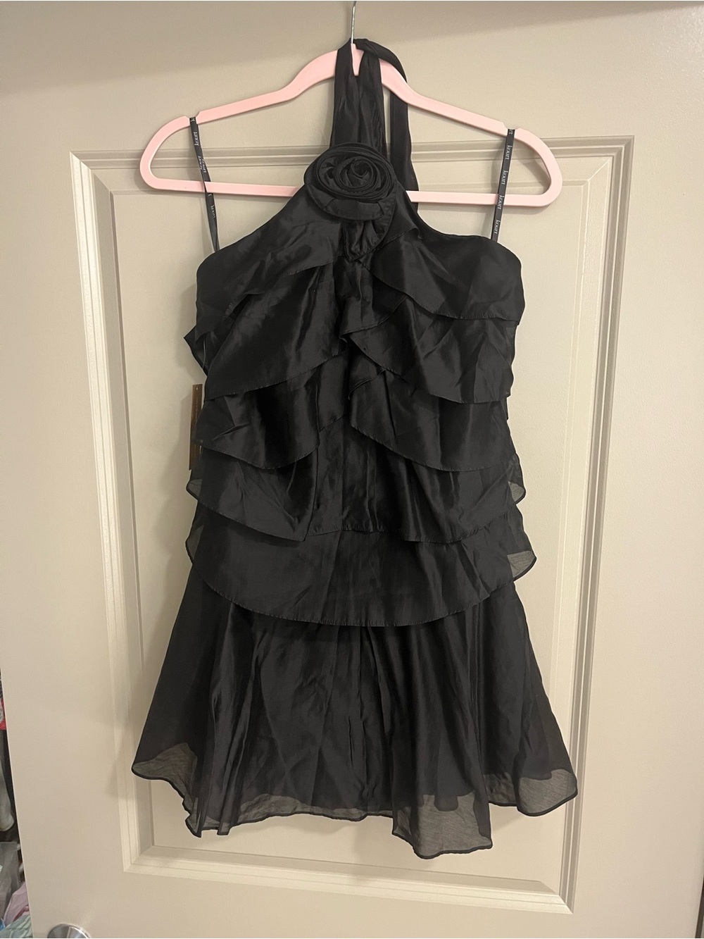 Kourt Black Halter Ruffle Mini Dress with Rosette Accent